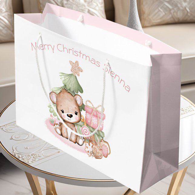 Kute Bear Rosa Girl - Anpassat namn jul (Cute Bear Pink Girl Custom Name Christmas Large Gift Bag)