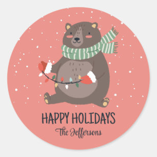 Kute Bear Snowy Winter-Helgdag Juldjur Runt Klistermärke