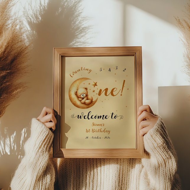 Kute Bear-viloläge Måne 1:a födelsedag Välkomna Poster (Skapare uppladdad)