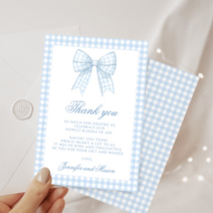 Kute blå gingham-buskdusch för babydusch tack kort