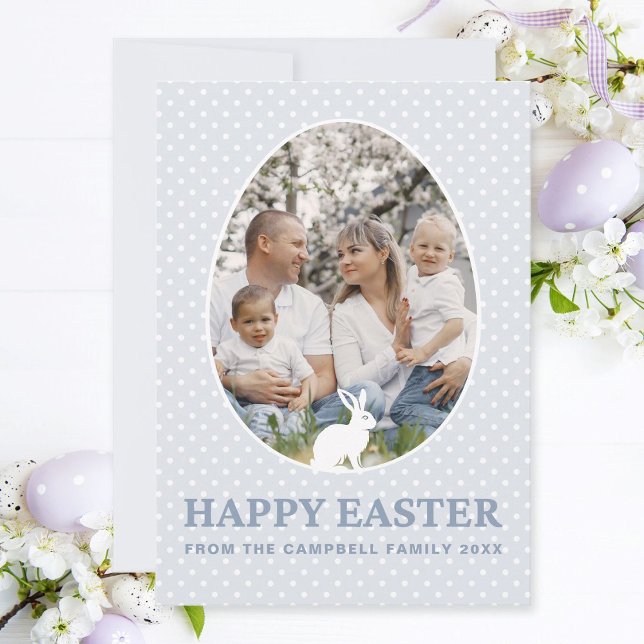 Kute Bunny Dusty Blue Egg Shape Photo Påsk Card Julkort (Dusty blue family photo Easter card with egg-shaped photo frame, cute bunnies and white polka dots.)