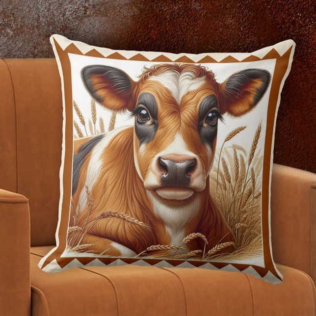 Kute Cow Farm Animal Art Kudde (Pillow featuring a painting of a cute cow lying in a field of wheat - farm animal - rustic - nature)