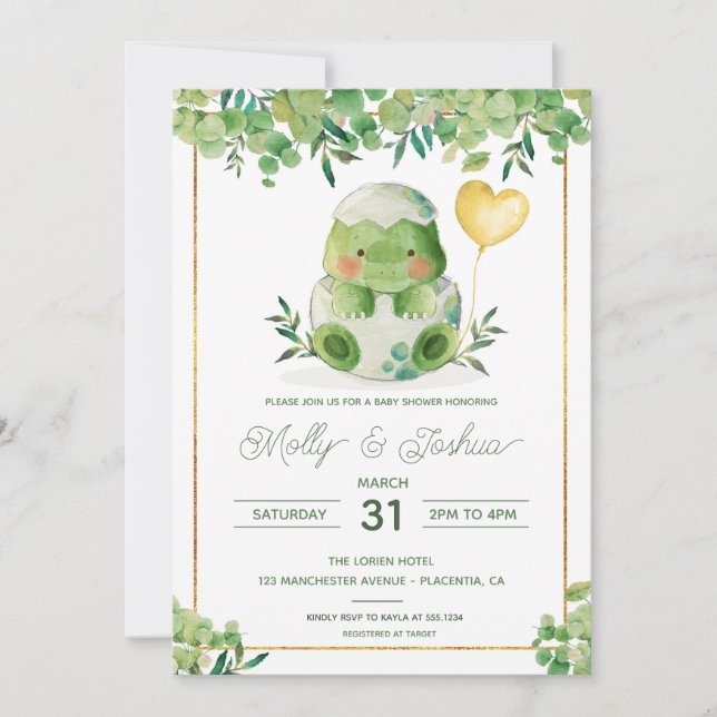 Kute Dinosaur Baby Shower Greenery Dino-inbjudan Inbjudningar (Framsida)