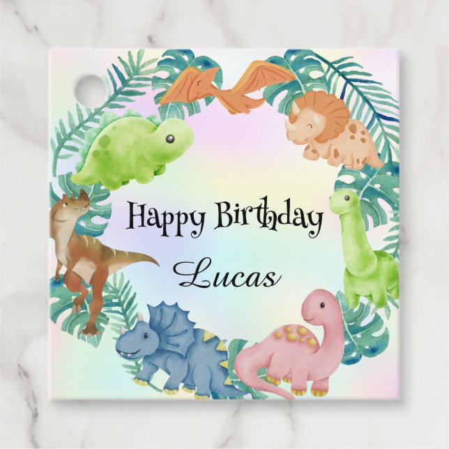 Kute dinosaur-djungelskolan barns födelsedag party gåvor etiketter (Framsida)