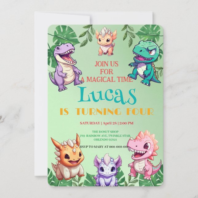 Kute dinosaur-djungelskolan barns födelsedag party inbjudningar (Framsida)