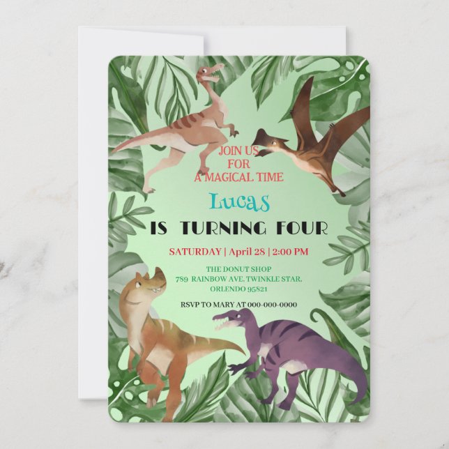 Kute dinosaur-djungelskolan barns födelsedag party inbjudningar (Framsida)