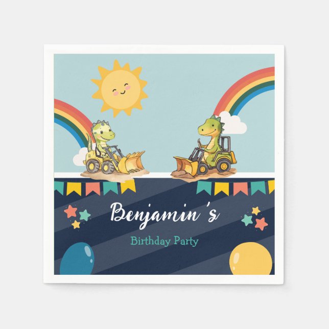 Kute dinosaur-traktorns regnbåge från födelsedag pappersservett (Framsidan)