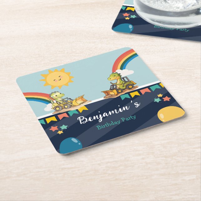 Kute dinosaur-traktorns regnbåge från födelsedag underlägg papper kvadrat (Vinklad)