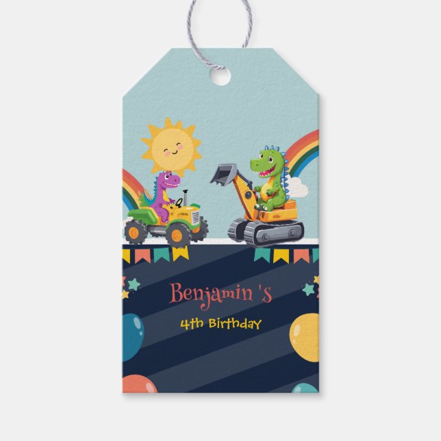 Kute dinosaurer traktor lastbil Rainbow balloon HB Presentetikett (Framsidan)