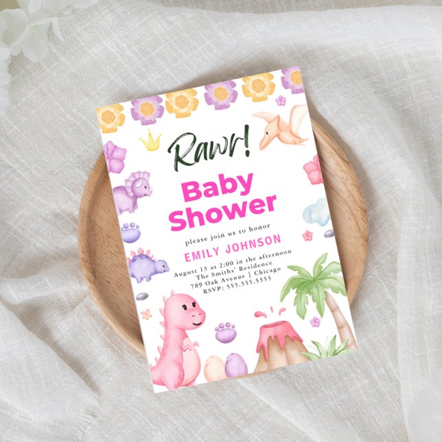 Kute Dinosaurs Baby Shower-inbjudan för flickor Inbjudningar (Skapare uppladdad)