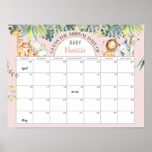 Kute Djuren rosa djungelns babyduschspel Poster (Framsidan)