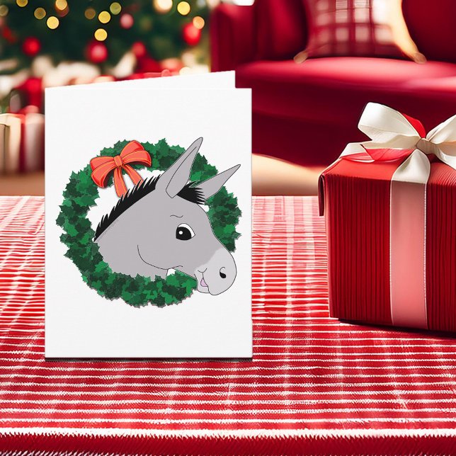 Kute Donkey-julkort för krans med påsatt Helgdag Helgkort (Cute Donkey Christmas Wreath Folded Holiday Card)