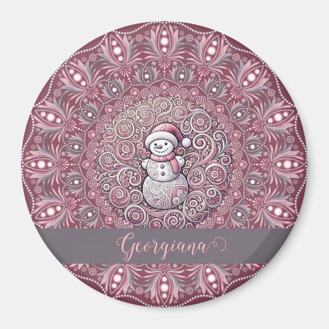 Kute, eget namn Viktigt Rosa Snögubbe Mandala Magnet (Framsidan)
