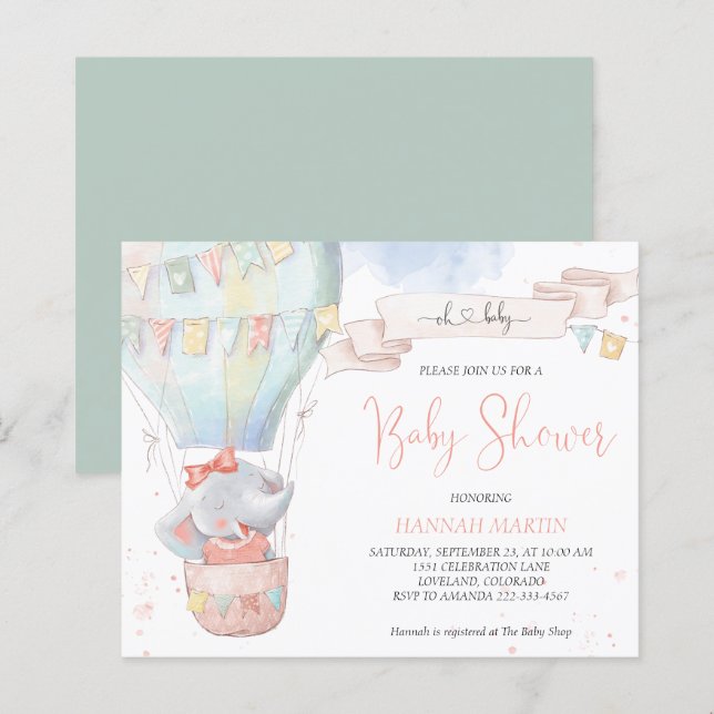 Kute Elephant Girl Budget Baby Shower-inbjudan (Fram/baksida)