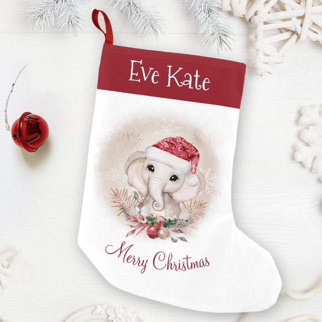 Kute Elephant Girl Namn, julklapp Liten Julstrumpa (Cute elephant Christmas stocking for a baby girl, red and white,)