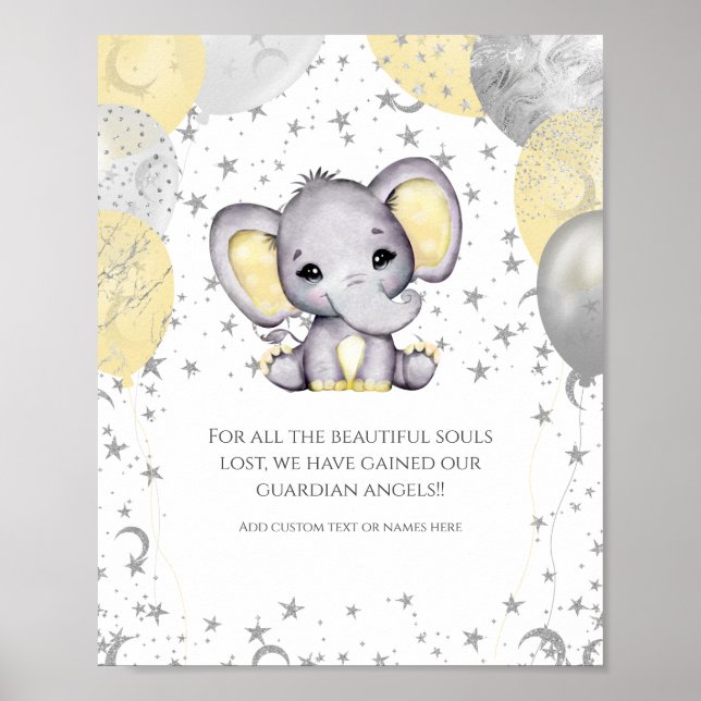 Kute Elephant Gult Balloons Baby Shower Memorial Poster (Framsidan)