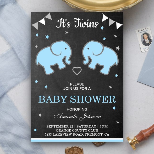 Kute Elephants Twin Boys Baby Shower-inbjudan Inbjudningar (Skapare uppladdad)
