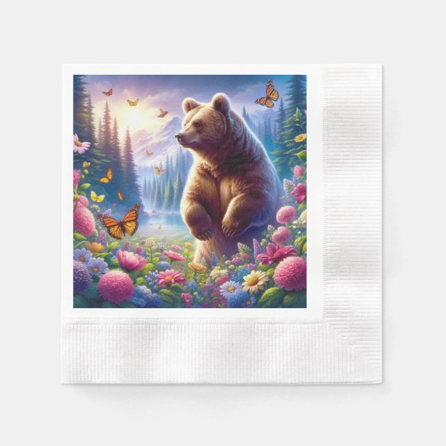 Kute, färglöst björn och fjärilar pappersservett (Framsidan)