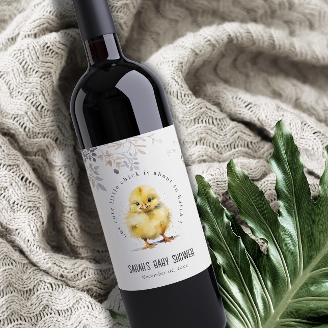 Kute Farm Chick Vattenfärgad Blommigt Babykläder Vinflaska Etikett (Skapare uppladdad)