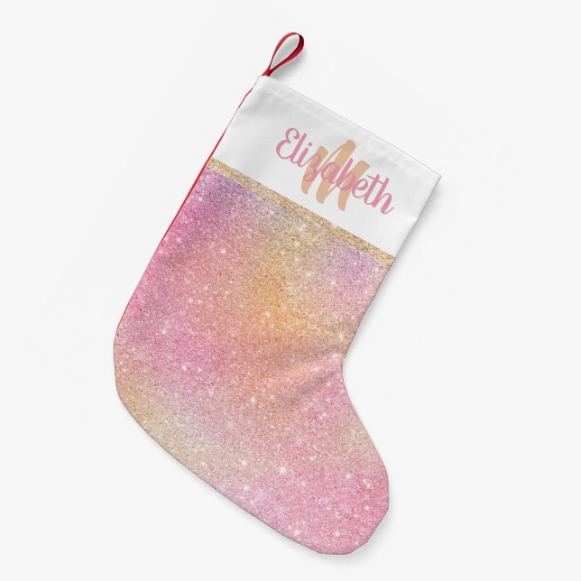 Kute festive guld rosa glitter, monogram jul jul liten julstrumpa (Framsidan (Hängande))