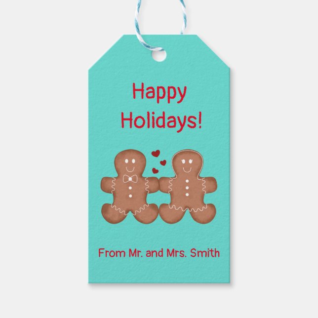 Kute gingerbröd par i kärlek lägger till text presentetikett (Framsidan)