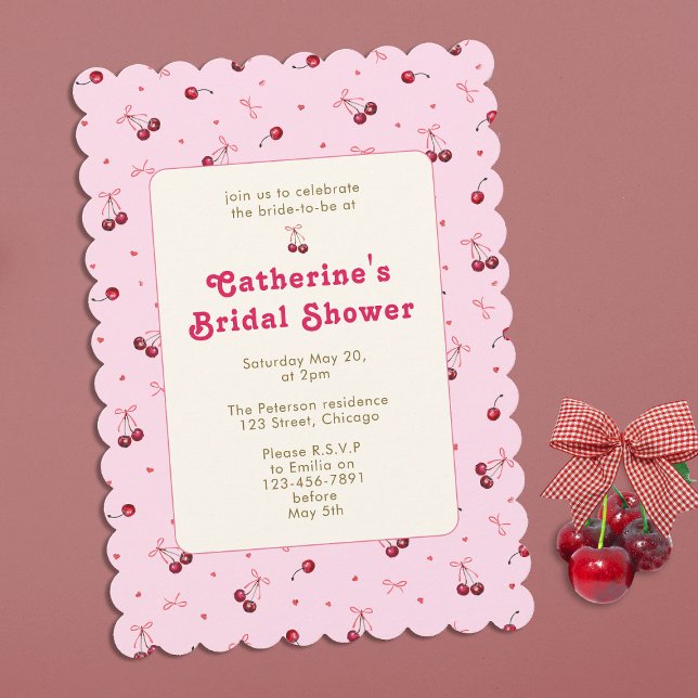 Kute Girly Rosa Red Cherries Hearts Bows Inbjudningar (Skapare uppladdad)