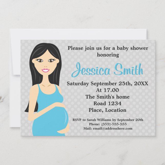 Kute, gravida kvinnor i Blue Dress Baby Shower Inbjudningar (Framsida)