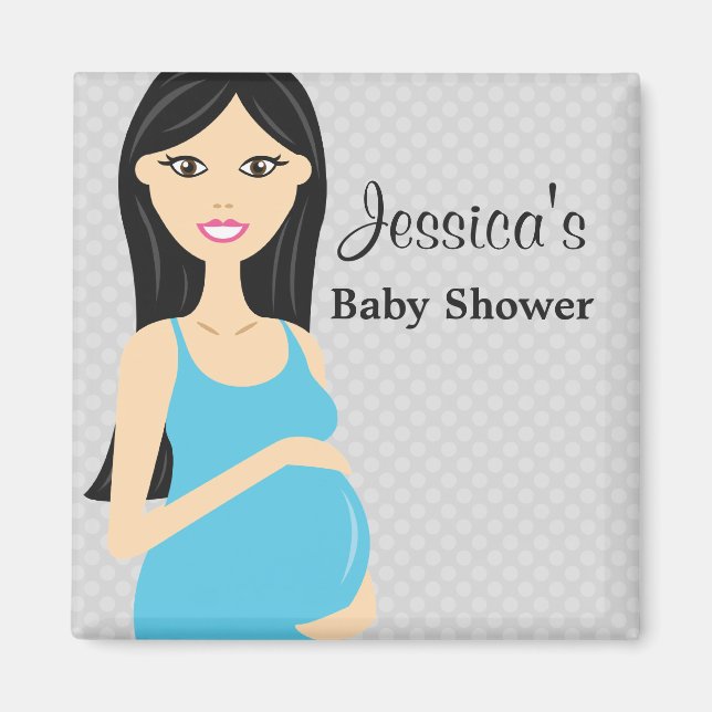 Kute, gravida kvinnor i Blue Dress Baby Shower Magnet (Framsidan)