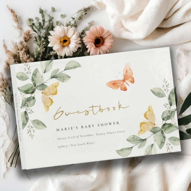 Kute Gult Garden Foliage Butterflies Baby Shower Gästböcker (Skapare uppladdad)