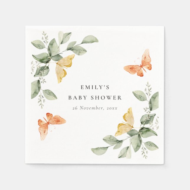 Kute Gult Garden Foliage Butterflies Baby Shower Pappersservett (Framsidan)