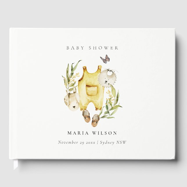 Kute Gult Leafy Foliage Clothes Baby Shower Gästböcker (Framsida)