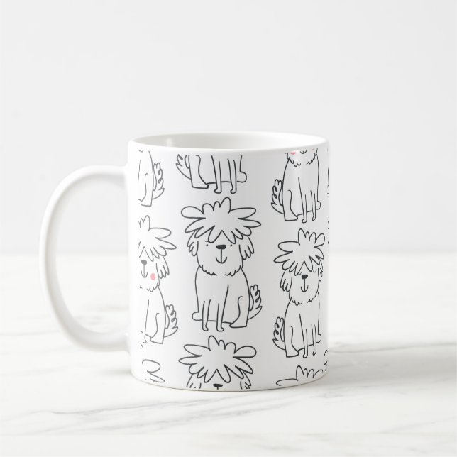 Kute, handdragen, sömlös mönster med söt docka f kaffemugg (Vänster)