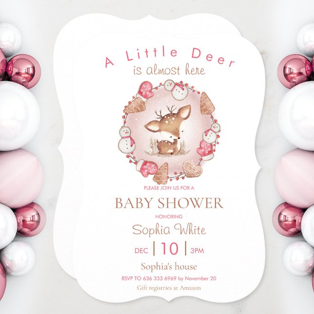 Kute Hjort, Rosa, inbjudan till babykläder (Pink Christmas baby shower invitation with a cute baby deer)