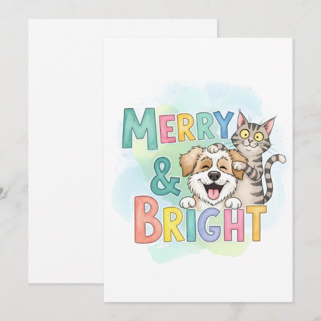 Kute Hund och kattMerry och ljus Julkort (Fram/baksida)