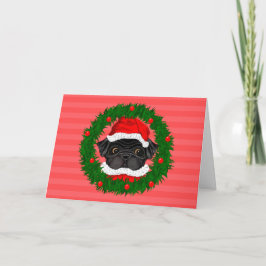 Kute Jul Black Pug Santa in WAN Red Helgkort