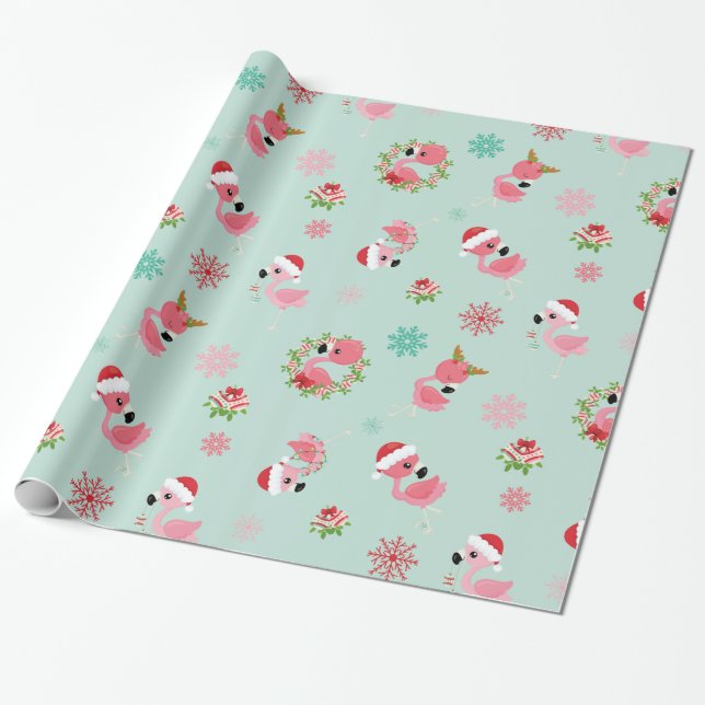 Kute Jul Flamingo Snowflake Presentpapper (Utrullad)