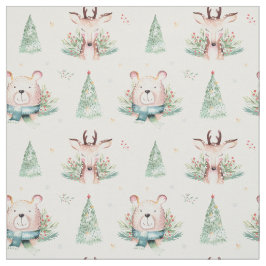 Kute Jul-Helgdag Träd Woodland Bear & Hjort Tyg