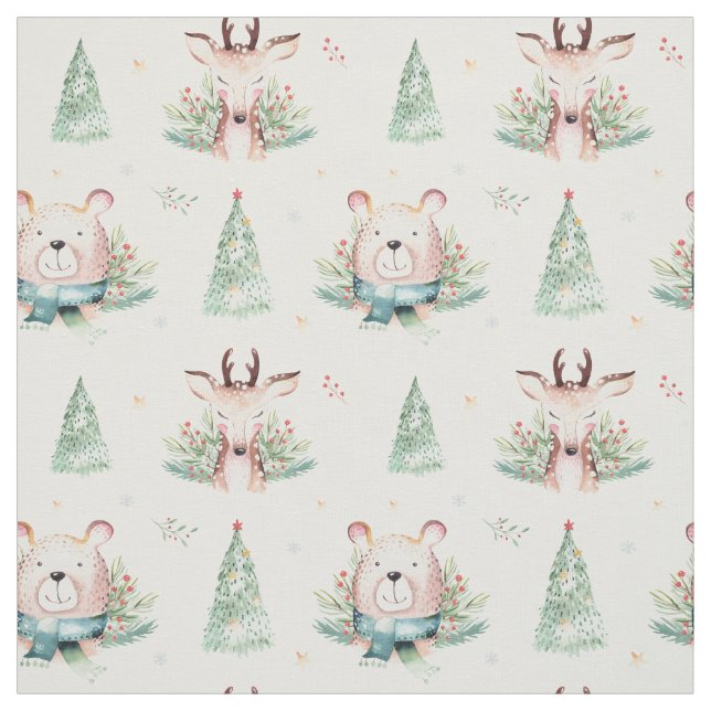 Kute Jul-Helgdag Träd Woodland Bear & Hjort Tyg (Provkarta)
