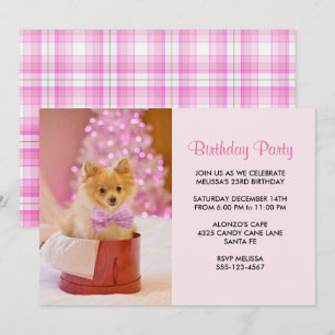 Kute Jul-Hund Foto med Rosa Bow Birthday Inbjudningar