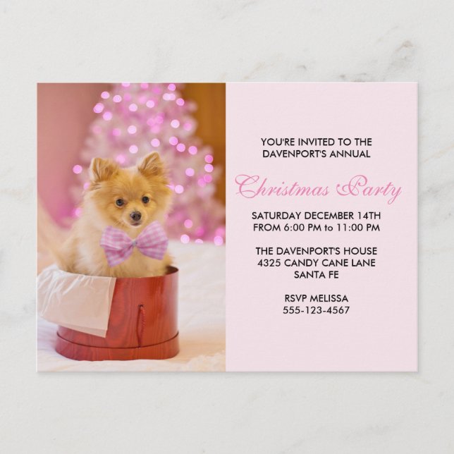 Kute Jul-Hund Foto med Rosa Bow Party Vykort (Framsida)