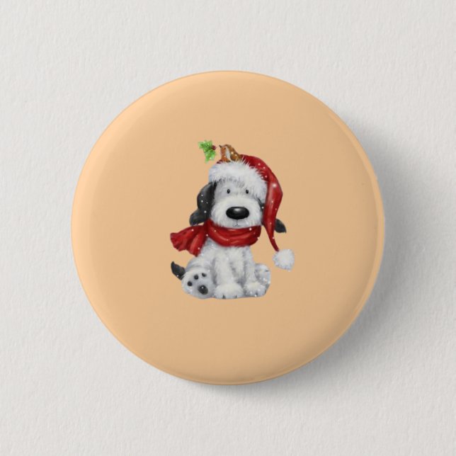 Kute Jul-Hund med Santa Hat och Scarf Knapp (Framsida)