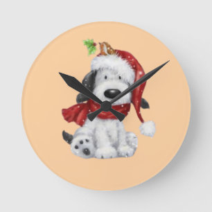 Kute Jul-Hund med Santa Hat och Scarf Rund Klocka
