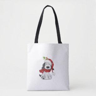 Kute Jul-Hund med Santa Hat och Scarf Tygkasse