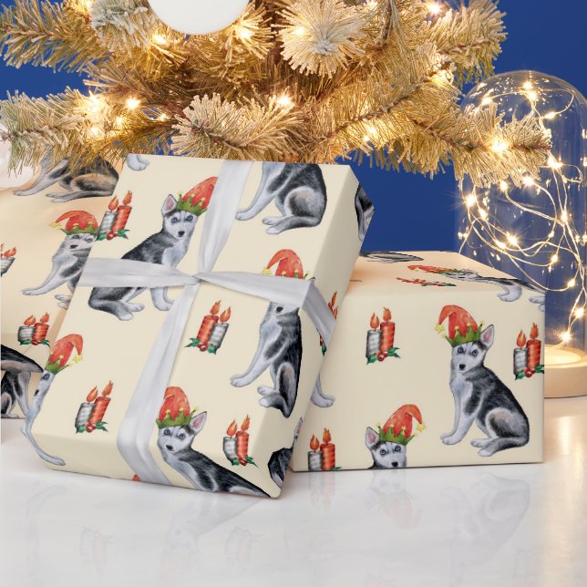 Kute Jul Hundar med Santa Hats Holly Candles Presentpapper (Helgdagar)