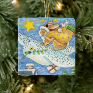 Kute Jul med kanin som Jultomten på Uggla Julgransprydnad Keramik