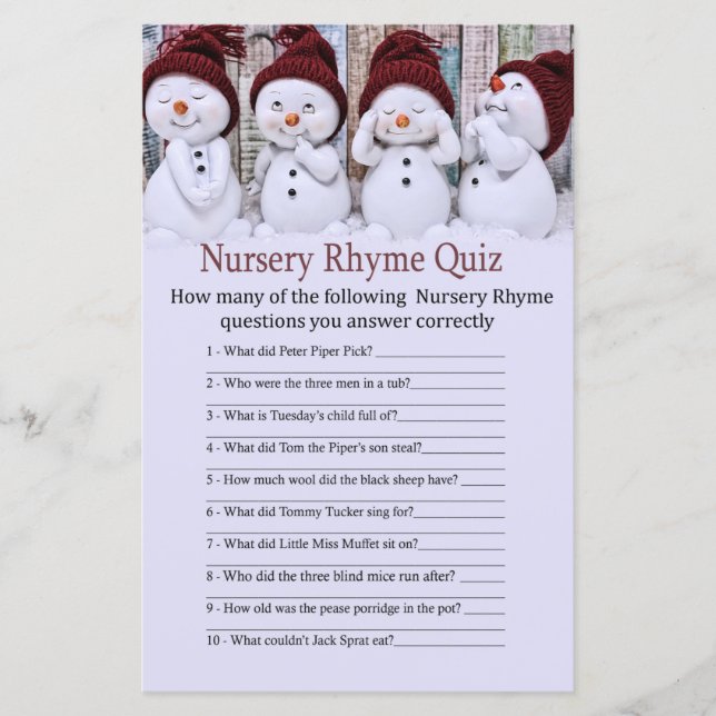 Kute Jul Snögubbe Nursery Rhyme Quiz-spel (Framsida)