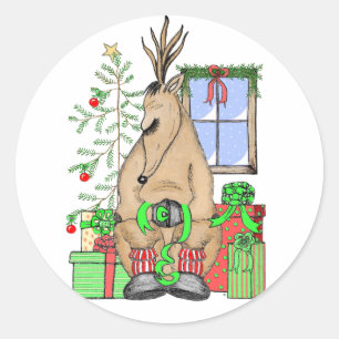 Kute Jul - Sömnig Reindeer Wrapping-presenter Runt Klistermärke