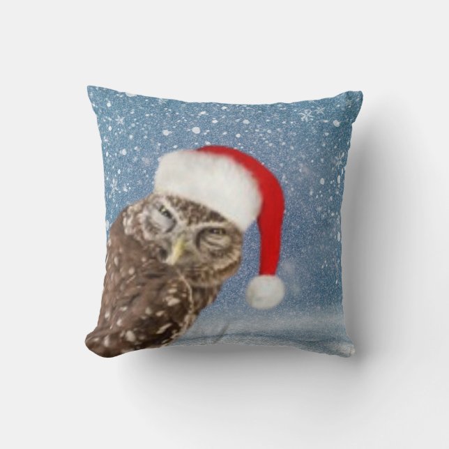 Kute jul Uggla med Red Santa Hat Snöflingor Kudde (Framsida)