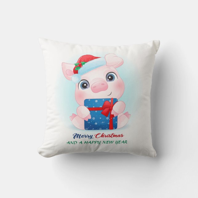 Kute Jul - vattenfärg Baby Pig Nursery Kudde (Framsida)