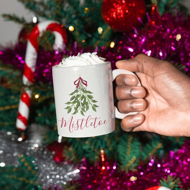Kute jul Whimsique Mistletoe Watercolor Kaffemugg (Christmas cute merry mistletoe holiday custom mug)